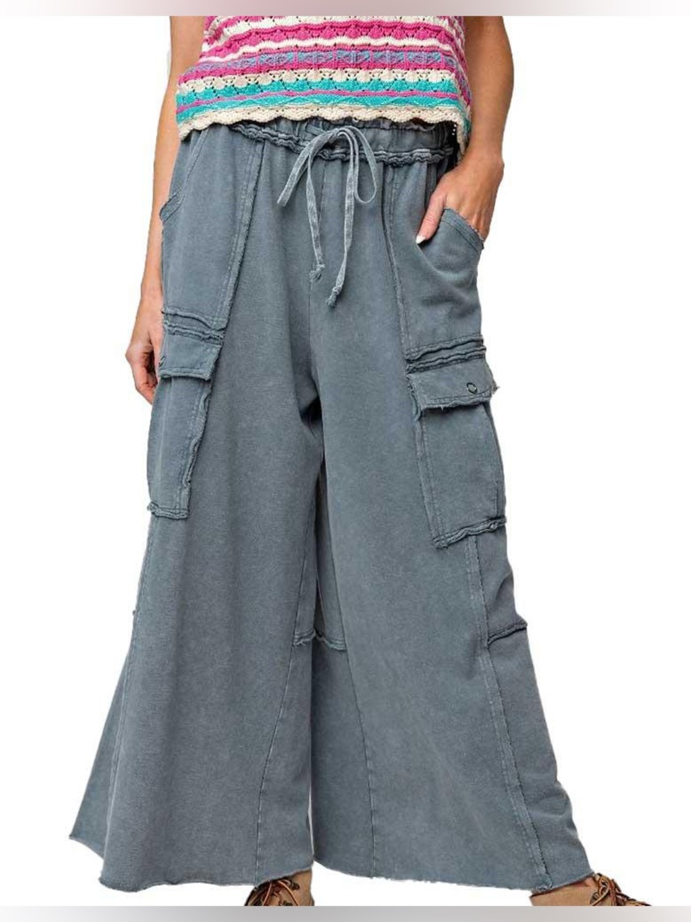 Easel Feeling Good Utility Pants Pull On Stretch Waist Relaxed Extra Wide Leg MD